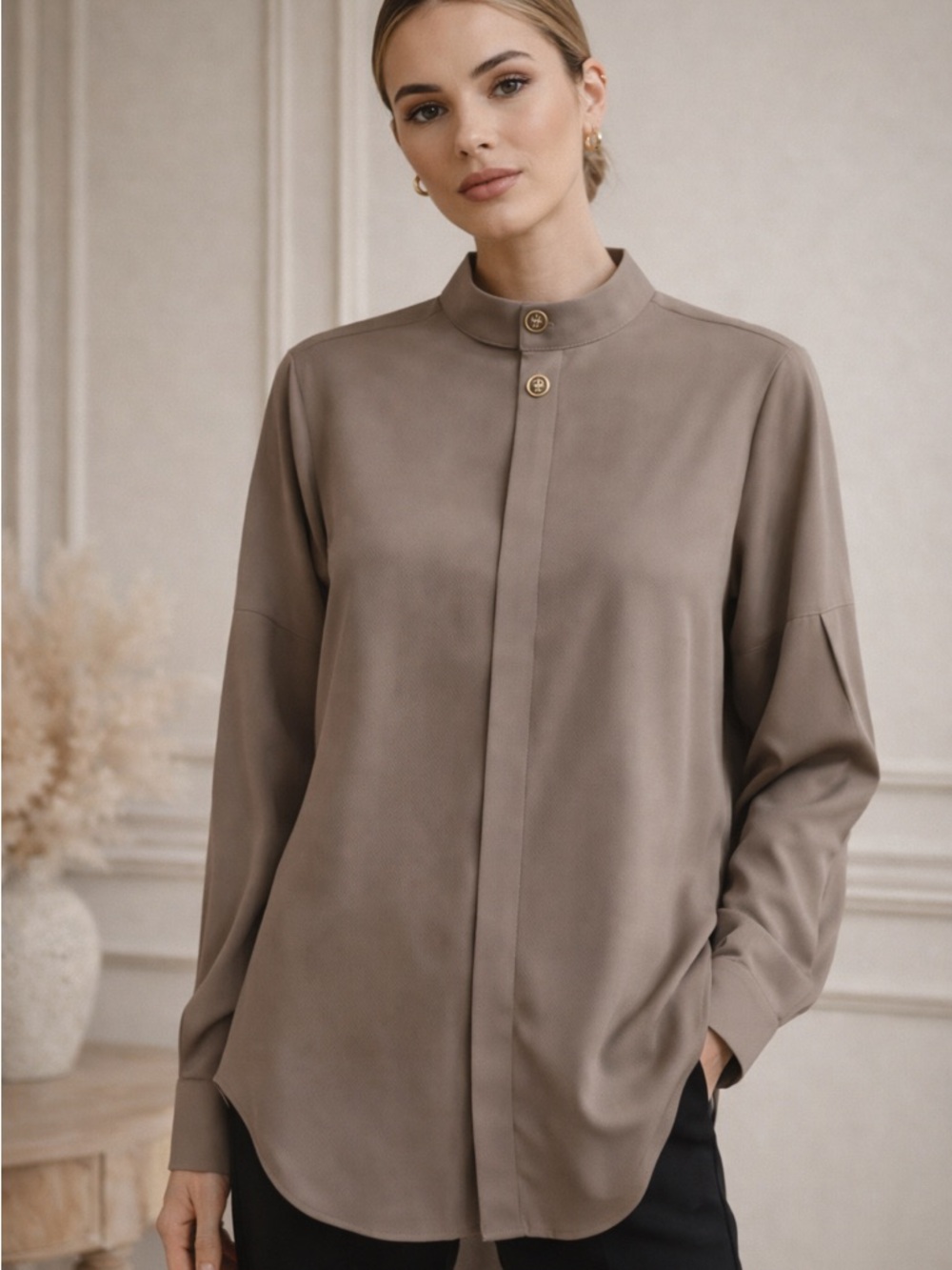John Elliott Taupe Mandarin-Collar Button-Front Blouse